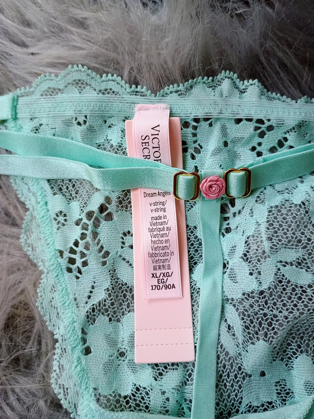 Victoria's Secret Mint Lace V-String with Pink Rose Accent